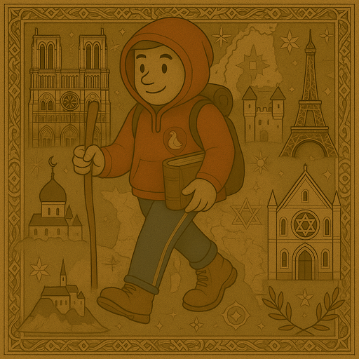 Illustration d'un voyageur découvrant des monuments historiques et religieux variés en Europe